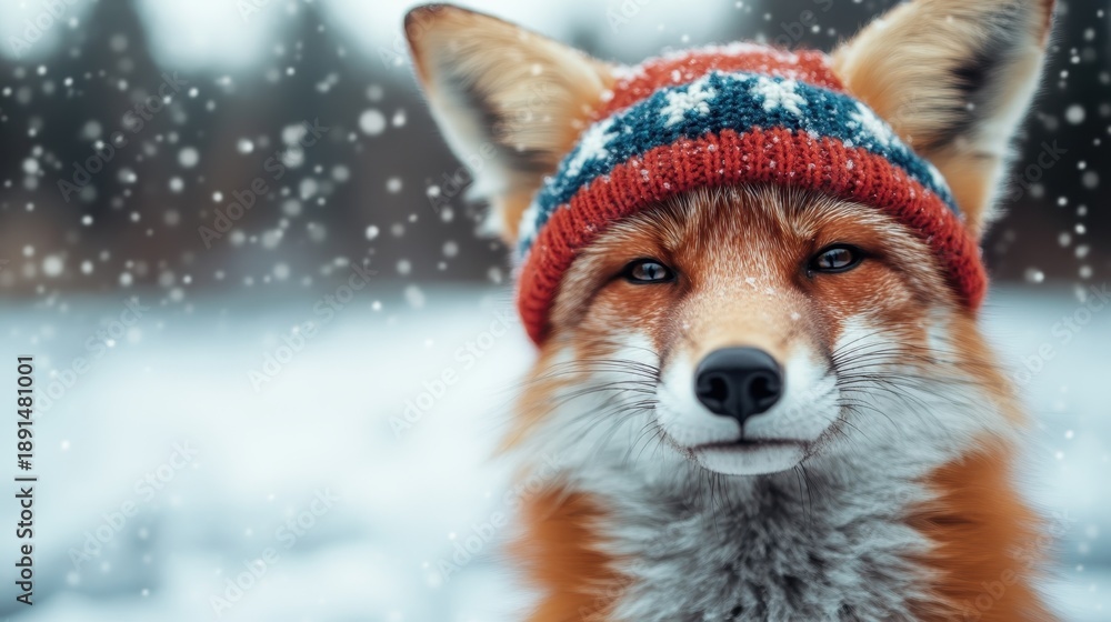 Fototapeta premium A charming fox wearing a colorful knitted hat, set against a serene snowy landscape, capturing the essence of winter and playful wildlife in a beautiful manner.