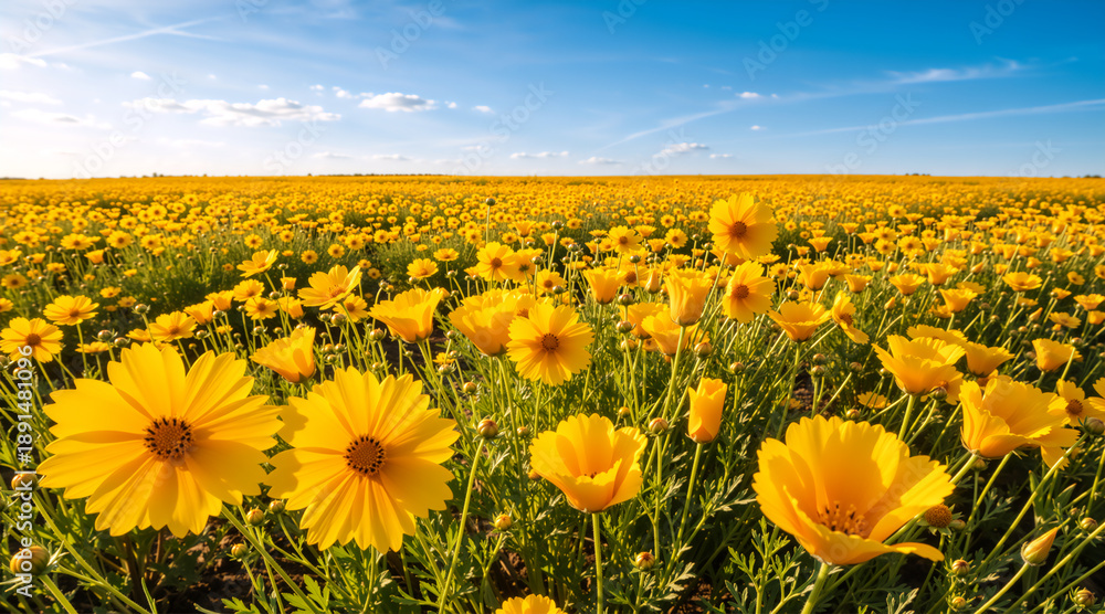 Obraz premium Vast field of yellow flowers under a clear blue sky. Vibrant spring meadow landscape. Blooming floral background in sunlight