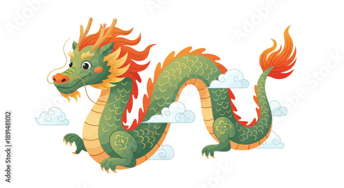 Vibrant green mythical dragon illustration soaring gracefully through fluffy white clouds, a majestic symbol of power, luck, and ancient tradition