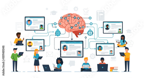 Digital network connecting people and information with a central brain illustration symbolizing AI and learning