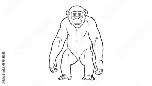 Chimpanzee Illustration: A detailed outline drawing of a chimpanzee standing, showcasing the primate's features and form.