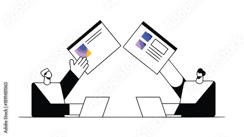 Two entrepreneurs reviewing business data on laptops in a modern office setting with graphs