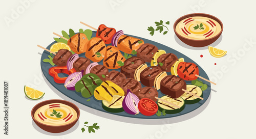 Grilled Meat Skewers with Vegetables and Hummus Dip.