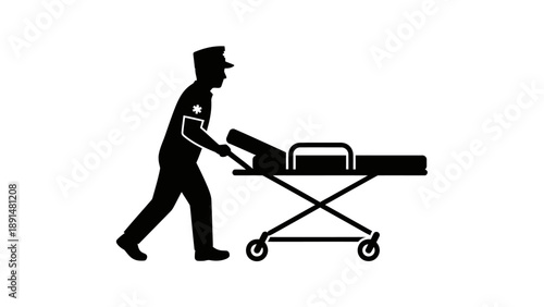 Paramedic pushing a stretcher with a patient silhouette.