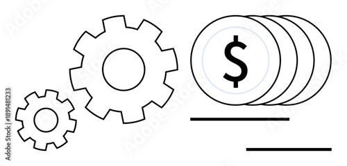 Gears interlocking near stacked dollar coins, representing efficiency, profitability, and innovation. Ideal for business strategy, finance, industry, technology, teamwork economic growth