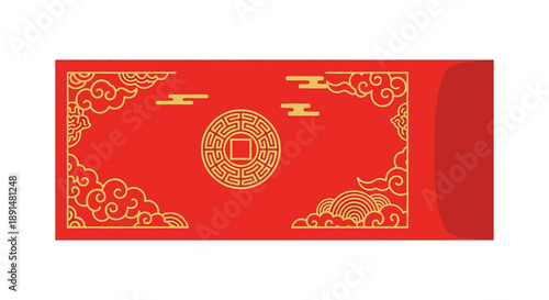 Vibrant red envelope illustration featuring intricate golden cloud patterns and a traditional ancient coin design, symbolizing prosperity and good fortune for festive Asian celebrations