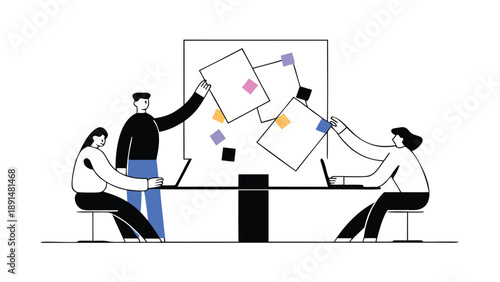 Flat vector illustration of team members collaborating on an abstract project with colorful sticky notes on a whiteboard