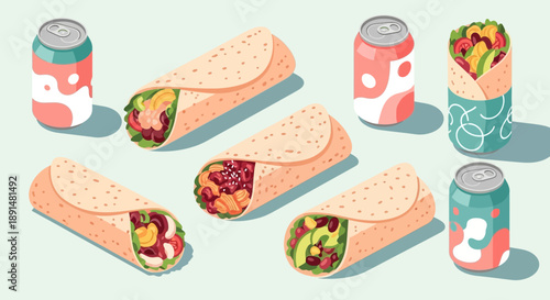 Isometric Burritos and Soda Cans A Colorful Food Illustration.