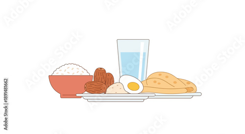 Nutritious Breakfast Meal with Rice Egg Sausage and Water.