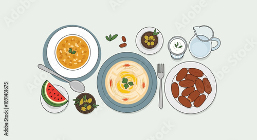 Overhead View of a Diverse and Colorful Meal Spread.