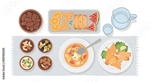 Overhead View of a Table Spread with Various Dishes.
