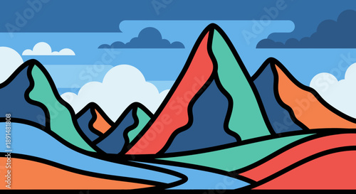 Colorful Mountains Landscape Illustration.