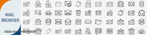Mail browser and email communication icons set, thin line digital message newsletter and inbox management vector illustration