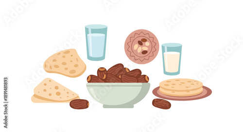 Ramadan Iftar Meal Dates Bread Water and Milk Illustration.