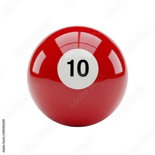 A glossy red billiard ball with the number 10 on a white circle, reflective and detailed, isolated on transparent background. on transparent background