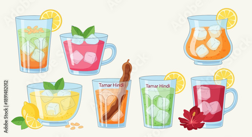 Refreshing Assortment of Colorful Summer Drinks with Citrus and Herbs.
