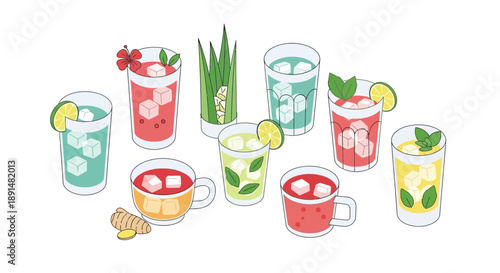 Refreshing Assortment of Colorful Summer Drinks with Ice and Garnishes.