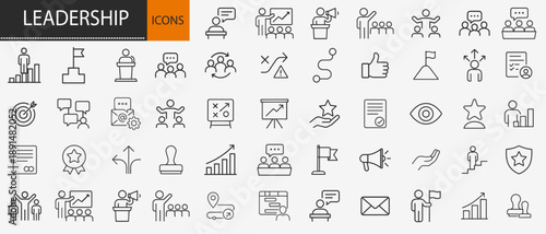 Leadership and business management icons set, thin line corporate strategy teamwork and professional success vector illustration