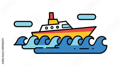 Cartoon Boat Sailing Ocean Waves.