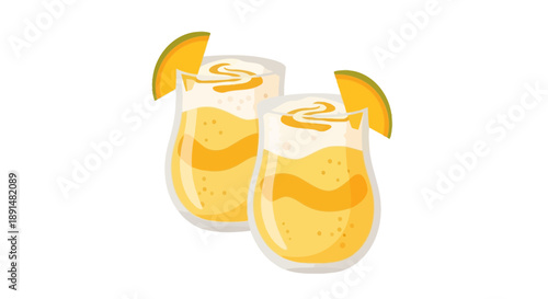 Refreshing Mango Lassi Drinks with Cream and Mango Slice Garnish.