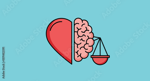 Heart and brain balancing emotions and thoughts with scales on blue background
