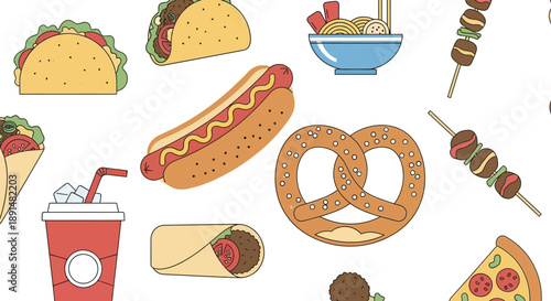 Seamless Pattern of Colorful Fast Food Illustrations on White Background.
