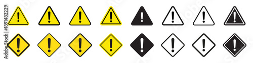 Danger and Warning Sign Symbol Set with Exclamation Mark in Triangle and Diamond Shapes