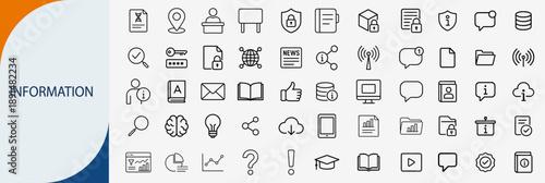 Information and knowledge sharing icons set, thin line data communication education and digital content management vector illustration
