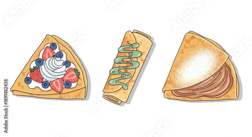 Three delicious crepes with various toppings a delightful culinary illustration.