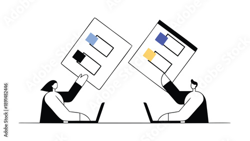 Two professionals coordinating with laptops and colorful workflow charts in a minimalist office setting