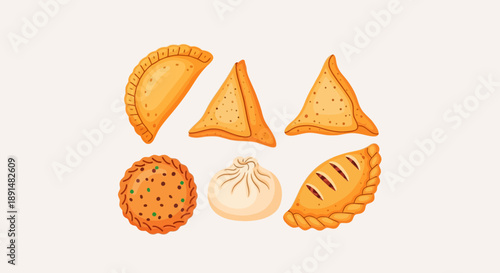 Variety of Asian Dumplings and Savory Pastries Illustration.