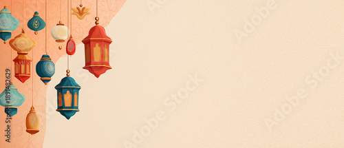 A colorful illustration of hanging lanterns in various shapes and sizes against a textured beige background.