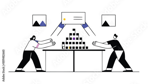 Colleagues manage deadlines working together pushing blocks to meet project goals on calendar