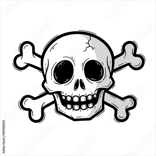 A spooky, cartoon-style illustration of a white skull and crossbones on a white background