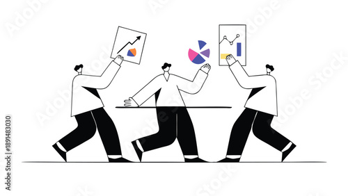 Three office workers conducting a meeting with graphs and charts on whiteboard and papers in modern flat vector style