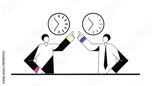 Two business colleagues discussing and pointing at clocks on wall teamwork and time management concept office collaboration
