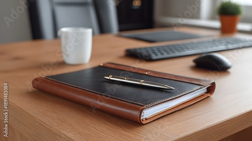 Wallpaper Mural Leather bound notebook and pen on a wooden office desk with computer accessories Torontodigital.ca