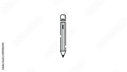 Pencil with Eraser Line Art Illustration on White Background.