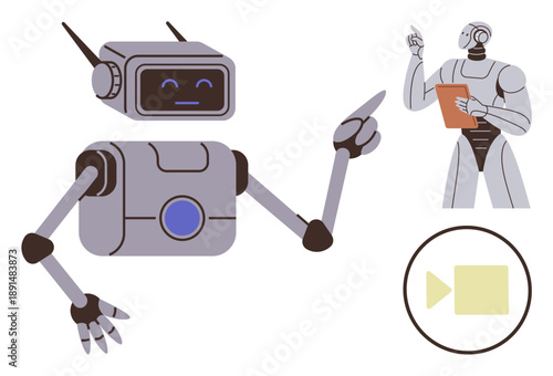 Artificial intelligence, robotics, virtual communication, futuristic technology, education, programming. Friendly robot pointing, humanoid robot holding clipboard video icon. Artificial intelligence