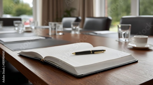 Wallpaper Mural An open notebook with a pen lies on a polished wooden conference table in an empty meeting room Torontodigital.ca