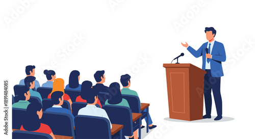 Public Speaker Addressing a Large Audience from a Podium in a Professional Seminar or Corporate Conference.