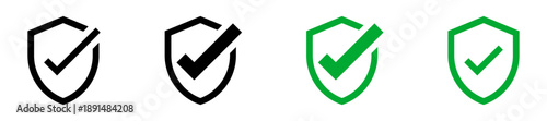 Shield check mark icon or security shield protection icon with tick symbol. green security shield icon