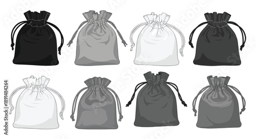 Collection of Grayscale Drawstring Pouches and Jewelry Bags in Various Tones. Minimalist Product Packaging.