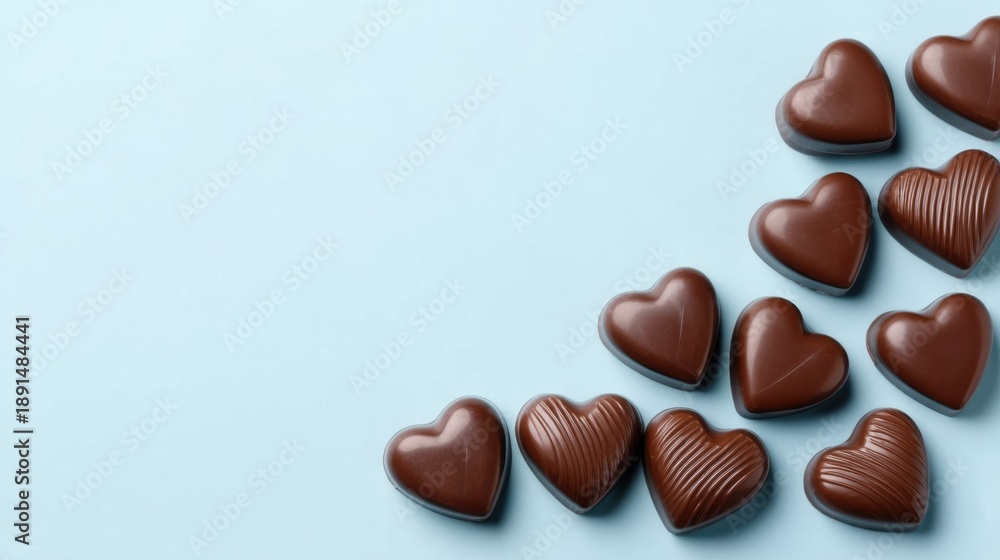 Fototapeta premium Delightful Heart Shaped Chocolate Confectionery on Soft Blue Background for Romantic Celebrations