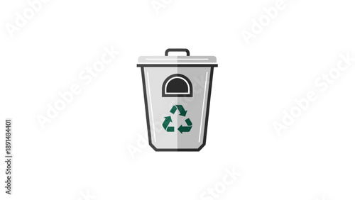 Recycling bin illustration with green recycle symbol on white.