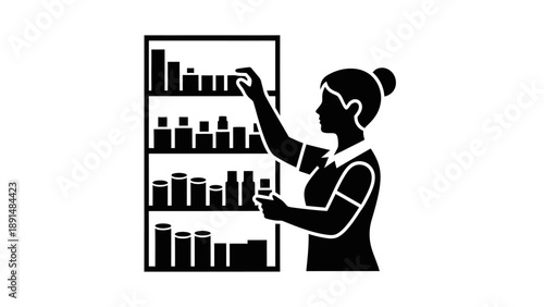 Pharmacist Arranging Medications on Shelves in a Pharmacy.