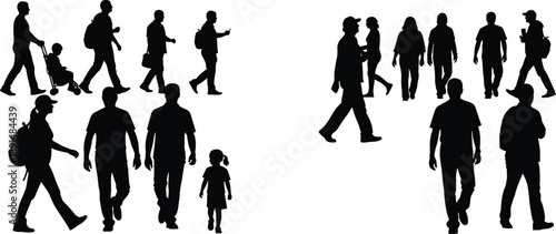 Black silhouettes of people walking in various directions people, silhouettes, walking, black, white background, adults, children, stroller, backpacks, hats, casual clothing, various poses, various, d