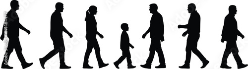 Black silhouettes of people walking in different poses silhouettes, people walking, black and white, walking silhouettes, human silhouettes, white background, isolated, various poses, adults and child