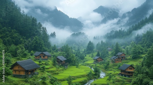 Wallpaper Mural Lush Green Mountain Valley With Small Wooden Houses and Misty Clouds on a Foggy Morning Torontodigital.ca