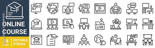 Online course icon pack collection set for elearning and education. With video lesson, live class, quiz, certificate, homework, discussion, online learning, profile, instructor